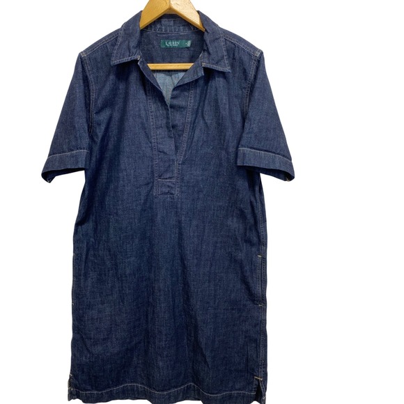 Lauren Ralph Lauren Denim Shift Midi Dress Collared Short Sleeve Women's M - Picture 2 of 9